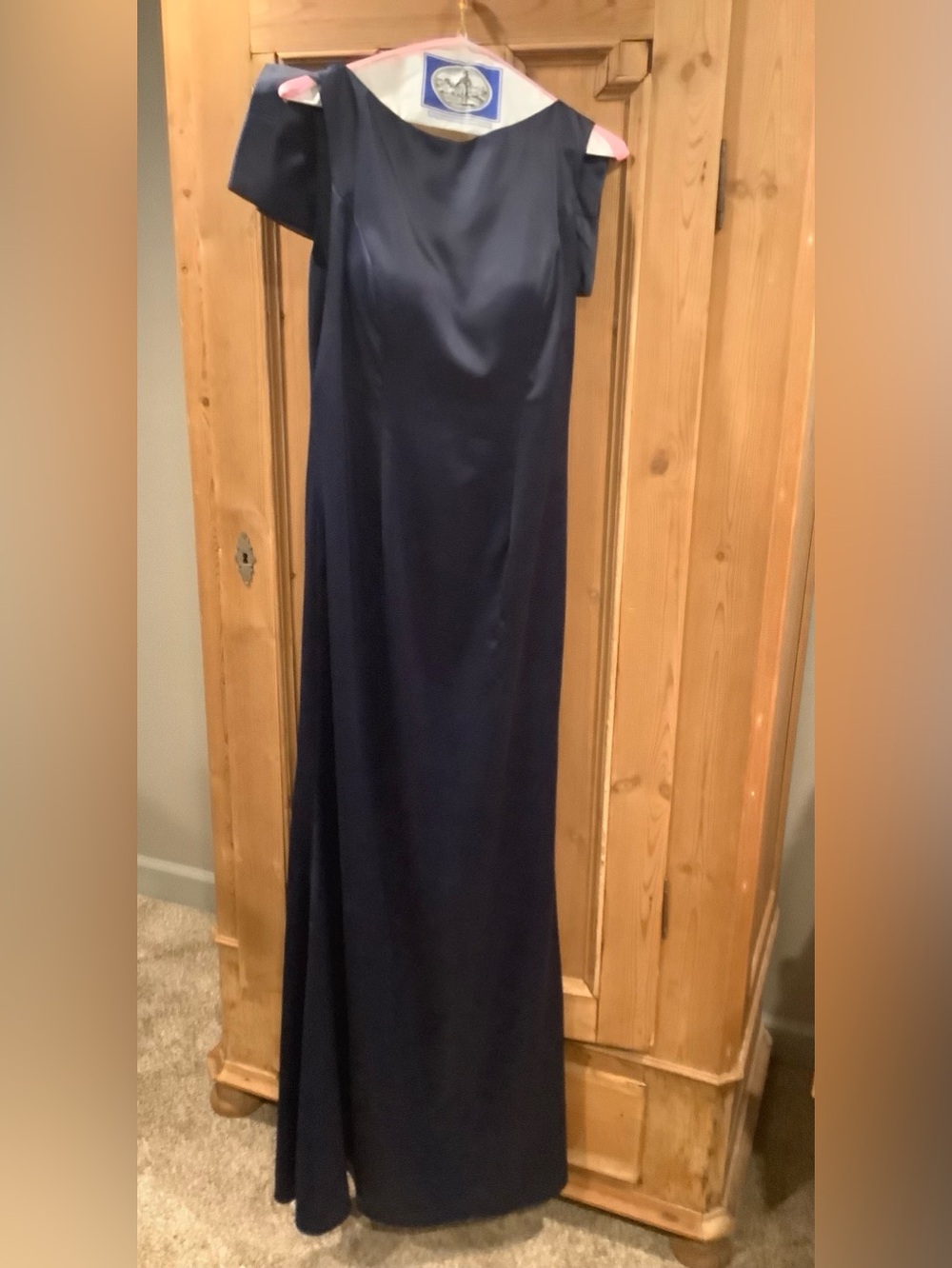 Gorgeous JJ House Navy Satin Floor-Length Evening Dress with beautiful bow